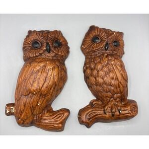 Vtg 70s Owl Wall Hangings Pair Chalkware Boho Decor Retro‎